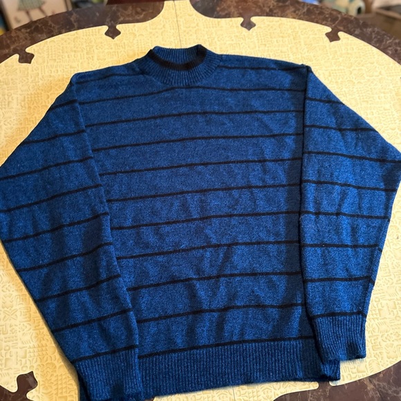 Vintage Le Tigre Women's Blue and Black Striped Turtleneck Sweater - Picture 3 of 9